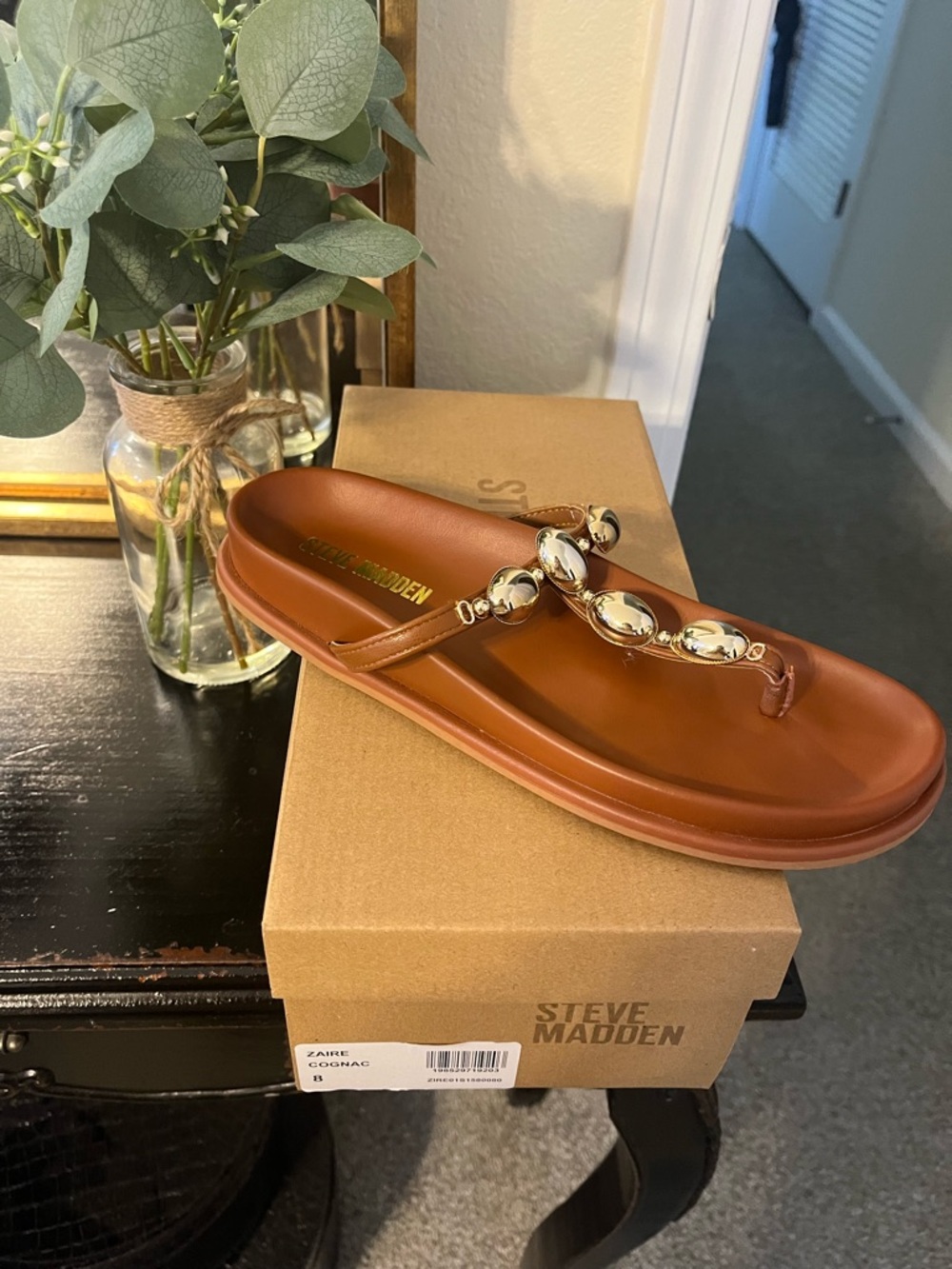 Steve Madden Cognac Leather Gem-Accent Thong Sandal